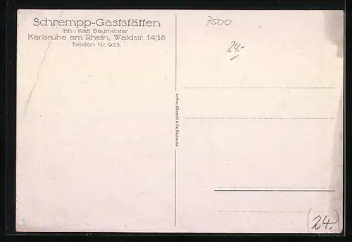 AK Karlsruhe, Schrempp-Gaststätten in der Waldstrasse 14 von Karl Baumeister