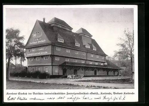 AK Karlsruhe, Kornhaus Stockach der Badischen landwirtschaftlichen Zentralgenossenschaft