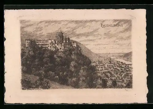 Künstler-AK Heidelberg, Ortsansicht mit Blick auf Festung