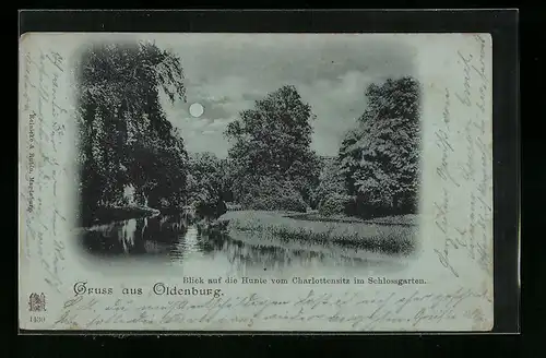 Mondschein-AK Oldenburg, Blick auf die Hunte vom Charlottensitz im Schlossgarten