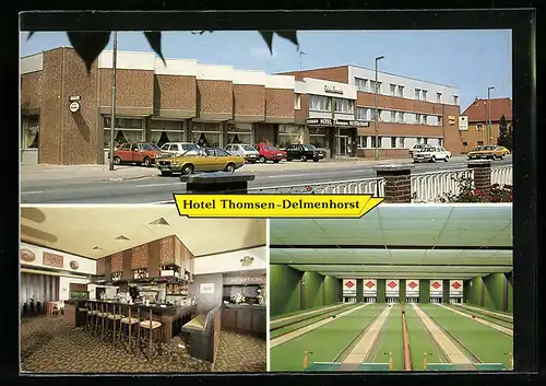AK Delmenhorst, Hotel Thomsen, Bremer Strasse 186, Innenansichten Bar und Kegelbahn