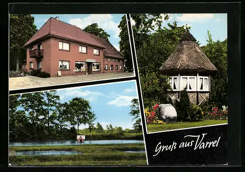 AK Varrel /Delmenhorst, Bäckerei-Handlung Franz Pöhl, Pavillon, Uferpartie