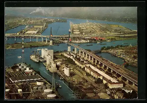 AK Hamburg, Blick auf die Köhlbrandhochbrücke mit Hafenbecken