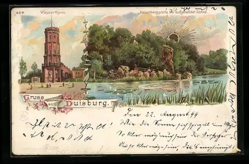 Lithographie Duisburg, Kaiserberggrotte bei aufgehender Sonne, Wasserthurm