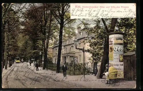 AK Kiel, Düsternbrooker Allee mit dem Palais des Prinzen Adalbert, Strassenbahn