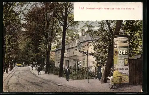 AK Kiel, Düsternbrooker Allee und Villa des Prinzen, Passanten, Strassenbahn