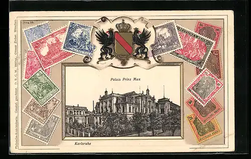 AK Karlsruhe, Palais Prinz Max, Briefmarken