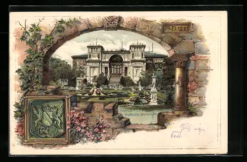 Passepartout-Lithographie Karlsruhe, Festhalle, Gartenseite, Wappen