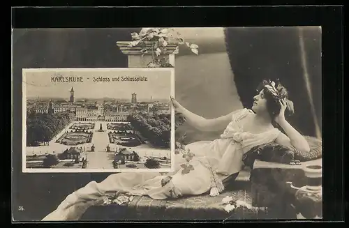 AK Karlsruhe, Schloss und Schlossplatz, Hübsche junge Frau hält das Bild der Stadt in der Hand