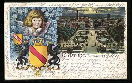 Lithographie Karlsruhe, Wappen und Totalansicht, Engelbild