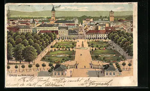 Lithographie Karlsruhe, Blicka uf die Stadt mit Parkanlage