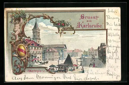 Lithographie Karlsruhe, Marktplatz mit Hotel Grosse