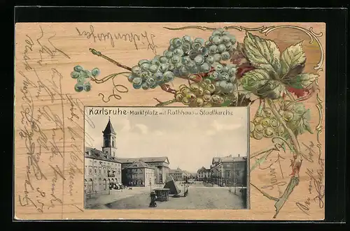 AK Karlsruhe, Marktplatz mit Rathaus und Stadtkirche