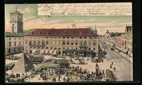 AK Karlsruhe, Marktplatz mit Kaiserstrasse