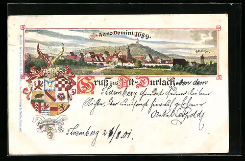 Lithographie Durlach, Ortsansicht aus dem Jahre 1689, Wappen