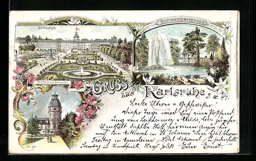 Lithographie Karlsruhe, Schloss mit Park, Schlossgartensee