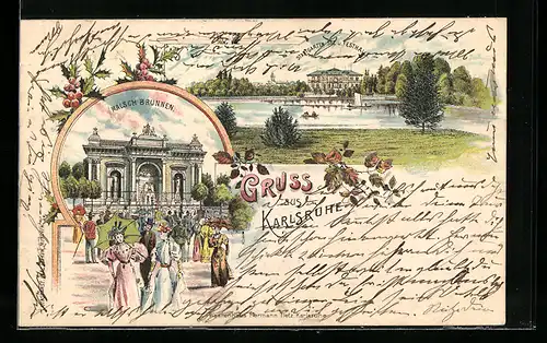 Lithographie Karlsruhe, Stadtgarten See und Festhalle, Malsch Brunnen