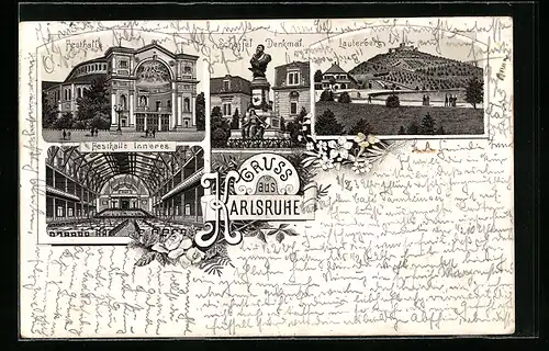 Lithographie Karlsruhe i. B., Festhalle, Scheffeldenkmal, Lauterberg