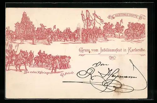Künstler-AK Karlsruhe, Jubiläumsfest, Huldigungsgruppe, Die ersten Zähringer