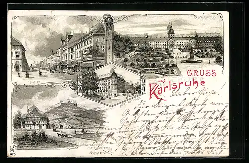 Lithographie Karlsruhe, Residenzschloss, Kaiserstr. und Hotel Germania