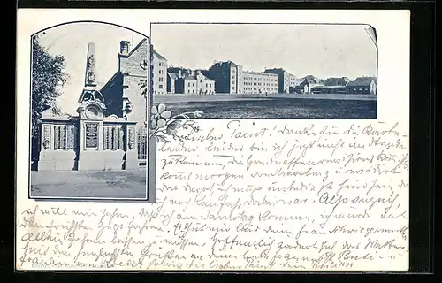 AK Karlsruhe, Ortsansicht mit Gebäuden und Denkmal