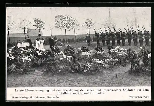 AK Karlsruhe, Letzte Ehrenbezeugung b. d. Beerdigung deutscher und französischer Soldaten auf dem Friedhof