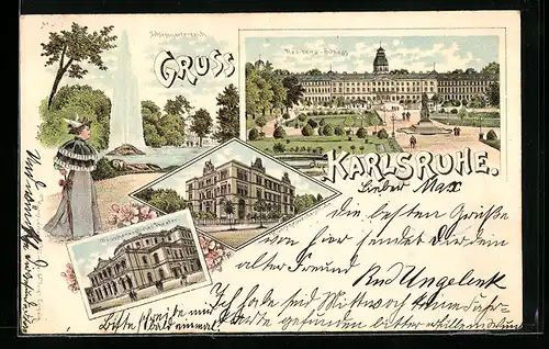 Lithographie Karlsruhe, Residenzschloss, Kunstgewerbeschule, Grossherzogliches Theater