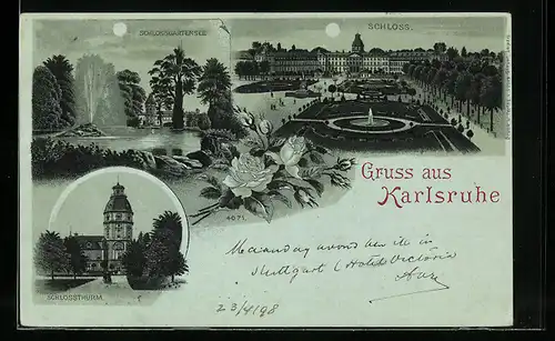 Lithographie Karlsruhe, Schloss, Schlossturm, Schlossgartensee