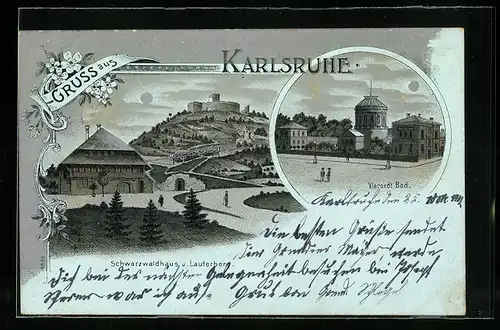 Mondschein-Lithographie Karlsruhe, Schwarzwaldhaus und Lauterberg, Vierordt-Bad