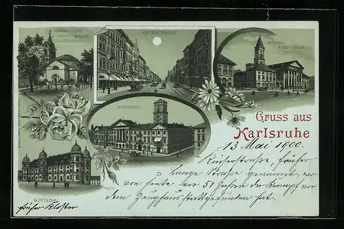 Mondschein-Lithographie Karlsruhe, Katholische Kirche, Rathaus, Gottesau