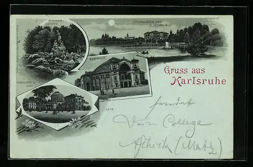 Mondschein-Lithographie Karlsruhe, Festhalle, Vierordt`s Bad, Nymphen-Gruppe