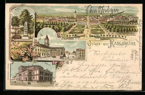 Lithographie Karlsruhe, Ortsansicht mit Schlossanlagen, Marktplatz, Hoftheater