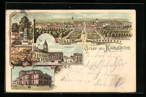 Lithographie Karlsruhe, Panorama, Marktplatz und Hoftheater