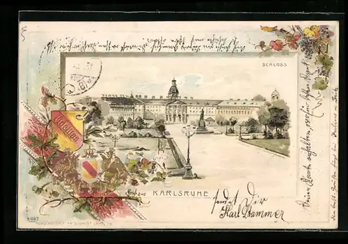 Passepartout-Lithographie Karlsruhe, Schloss, Wappen, Weintraube