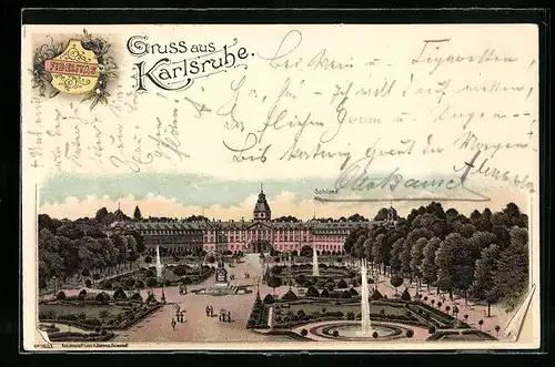 Lithographie Karlsruhe, Schloss mit Fontänen