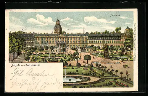 Lithographie Karlsruhe, Schloss mit Denkmal