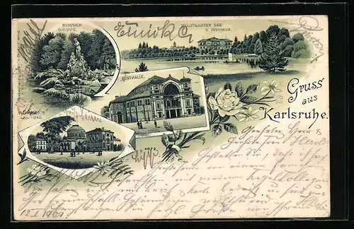 Lithographie Karlsruhe, Vierordts Bad, Festhalle im Stadtgarten, Nymphengruppe