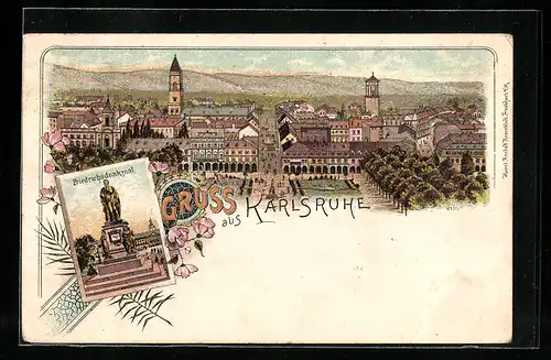Lithographie Karlsruhe, Schloss, Friedrichsdenkmal