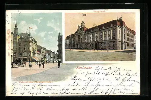 AK Karlsruhe, Hauptpost, Kaiserstrasse Moninger Eck