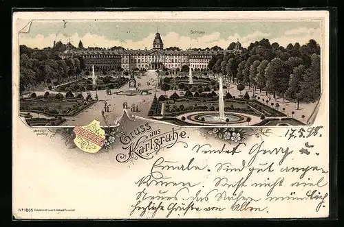 Lithographie Karlsruhe, Blick auf das Schloss mit Garten und Brunnen