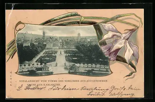 Präge-AK Karlsruhe, Totalansicht vom Turme des Schlosses aufgenommen, Passepartout