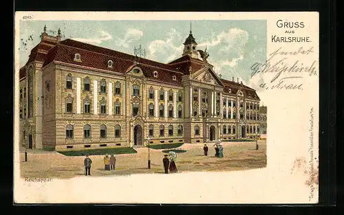 Lithographie Karlsruhe, Reichspost mit Vorplatz