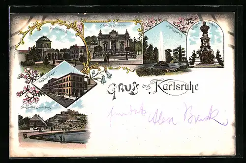 Lithographie Karlsruhe, Schlossgarten, Polytechnikum, Vierordtsbad