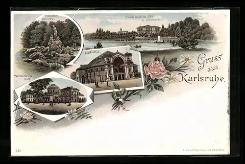 Lithographie Karlsruhe, Stadtgartensee & Festhalle, Nymphengruppe