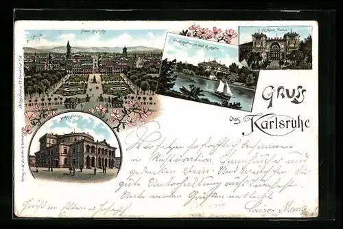 Lithographie Karlsruhe, Festhalle Portal, Stadtgartensee, Hoftheater