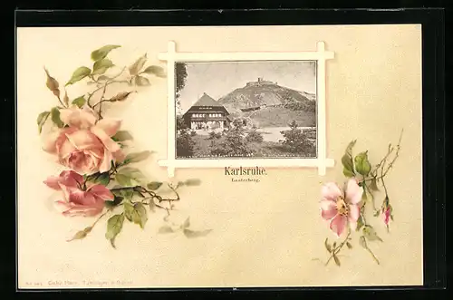 AK Karlsruhe, Blick zum Lauterberg, Floraler Rahmen
