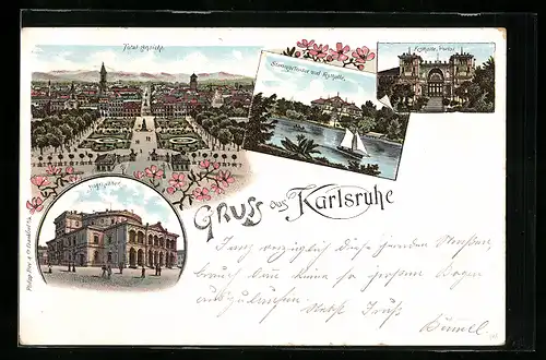 Lithographie Karlsruhe, Hoftheater, Stadtgartensee u. Festhalle, Ortsansicht