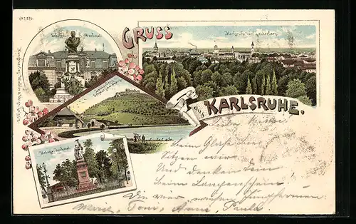 Lithographie Karlsruhe, Scheffel-Denkmal, Kriegerdenkmal, Lauterberg u. Schwarzwaldhaus