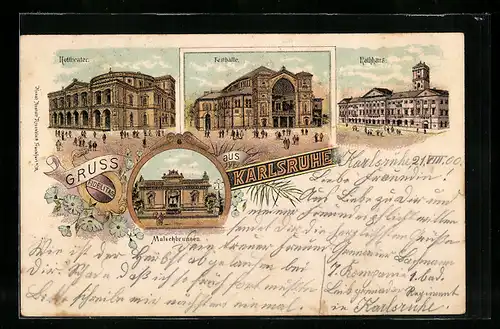 Lithographie Karlsruhe, Hoftheater, Festhalle, Rathaus, Malschbrunnen