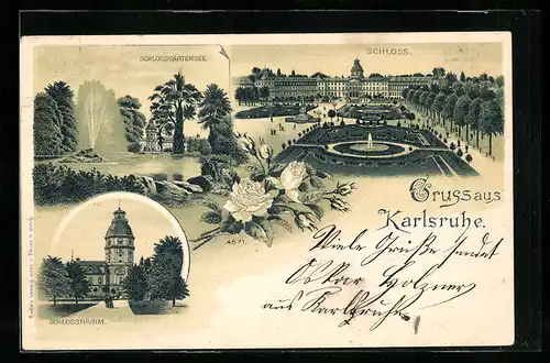 Lithographie Karlsruhe, Schloss, Schlossturm, Schlossgartensee